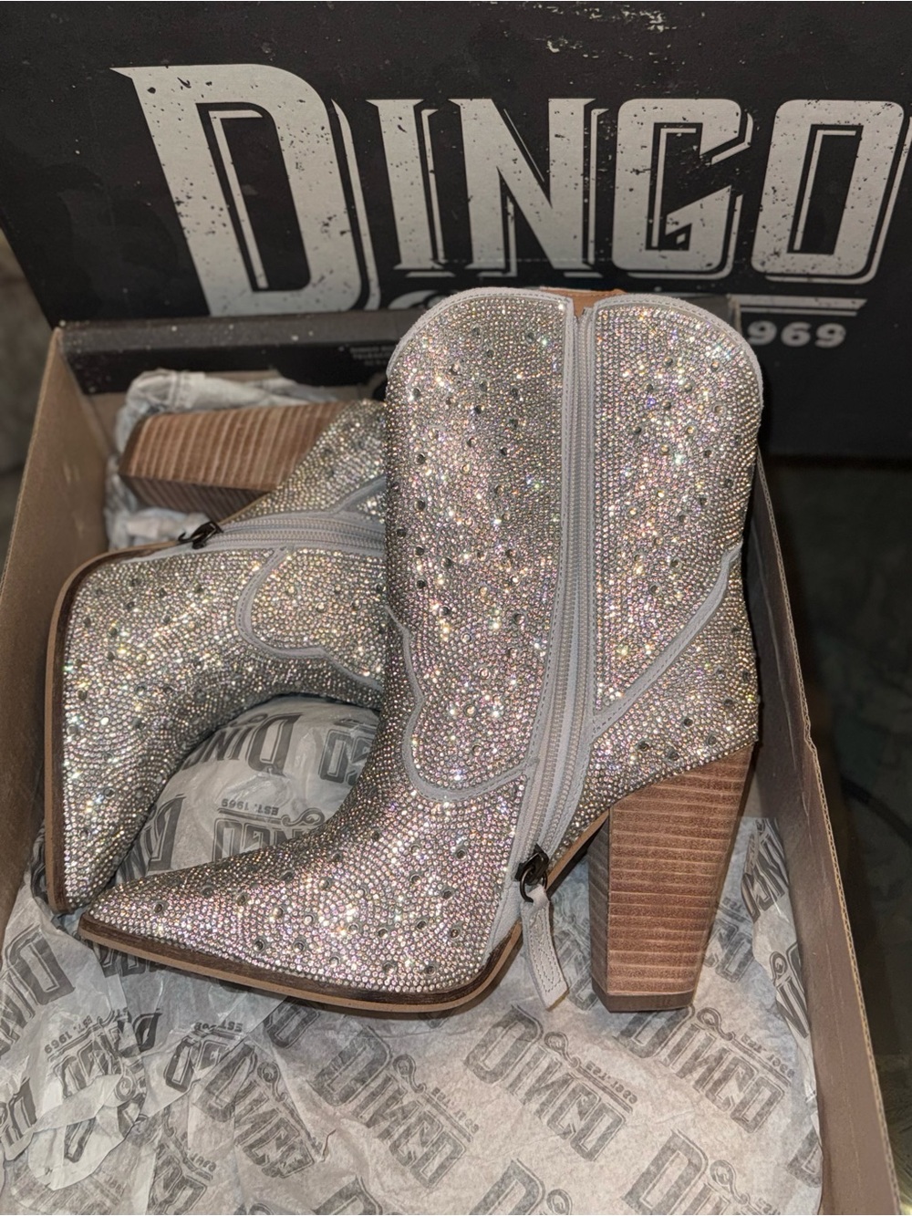 Dingo Silver Crystal Embellished Heeled Cowboy Boots - Picture 4 of 8
